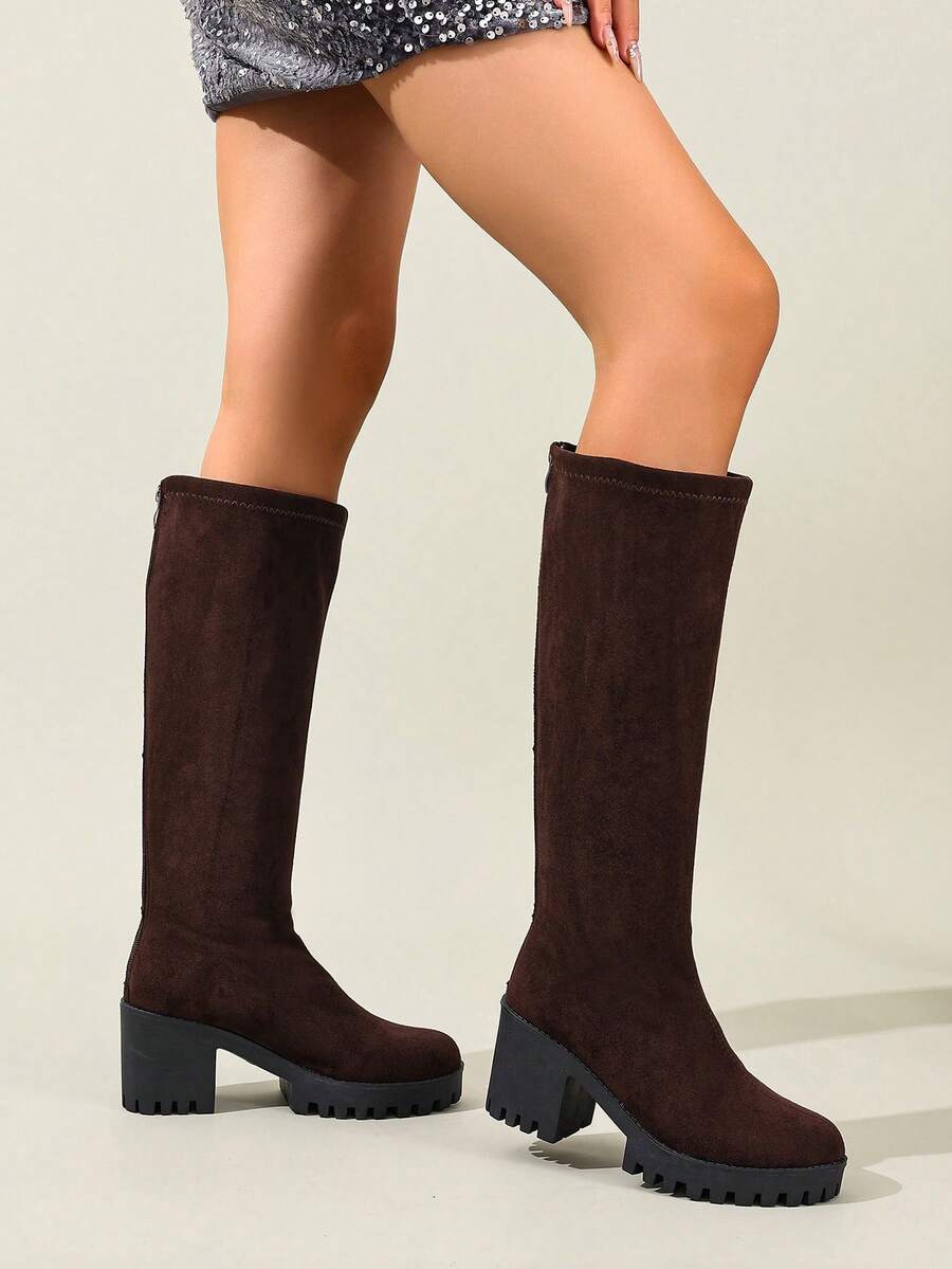 Women's Fashionable & Comfortable Chunky Heel High Knee Riding Boots With Inner Side Zipper, Pointed Toe Matching GO WITH Jeans Jeans Mensa