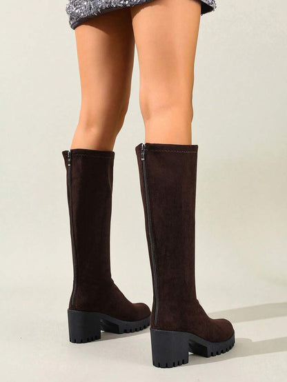 Women's Fashionable & Comfortable Chunky Heel High Knee Riding Boots With Inner Side Zipper, Pointed Toe Matching GO WITH Jeans Jeans Mensa