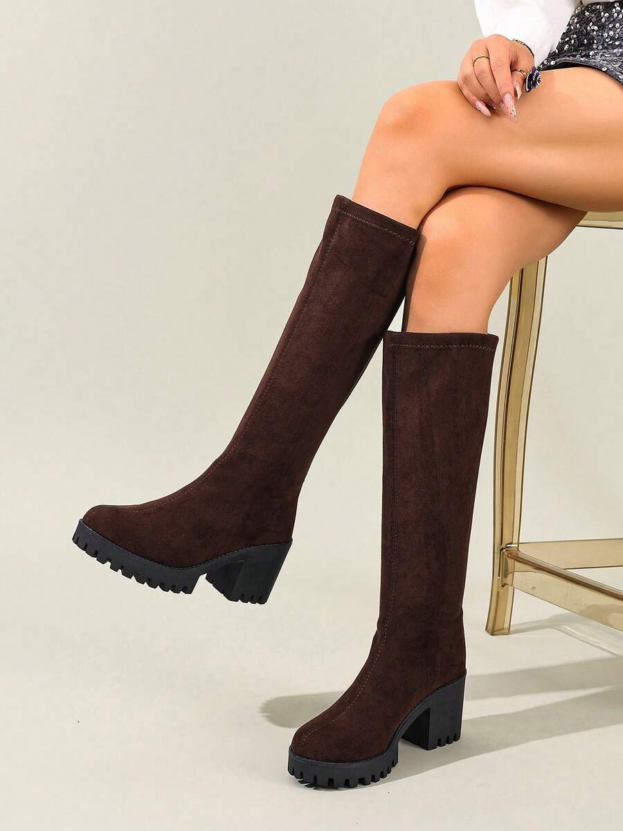 Women's Fashionable & Comfortable Chunky Heel High Knee Riding Boots With Inner Side Zipper, Pointed Toe Matching GO WITH Jeans Jeans Mensa