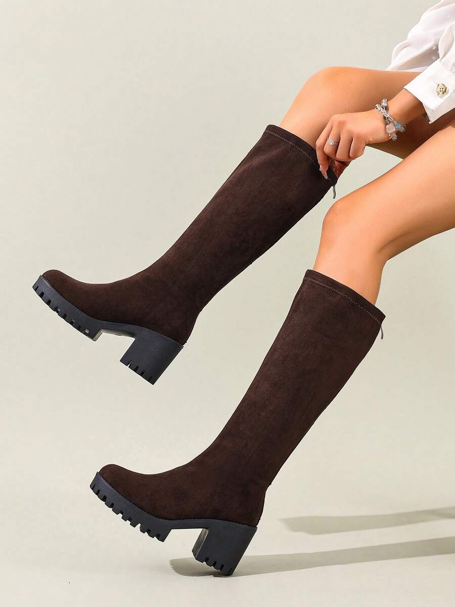 Women's Fashionable & Comfortable Chunky Heel High Knee Riding Boots With Inner Side Zipper, Pointed Toe Matching GO WITH Jeans Jeans Mensa