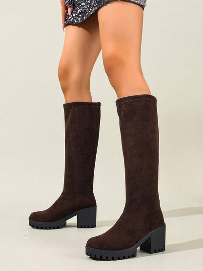 Women's Fashionable & Comfortable Chunky Heel High Knee Riding Boots With Inner Side Zipper, Pointed Toe Matching GO WITH Jeans Jeans Mensa