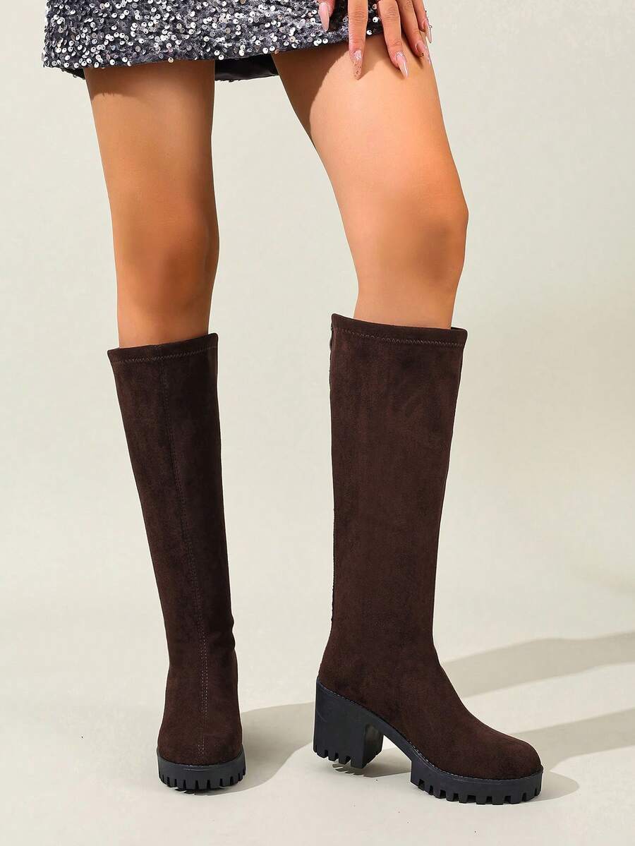 Women's Fashionable & Comfortable Chunky Heel High Knee Riding Boots With Inner Side Zipper, Pointed Toe Matching GO WITH Jeans Jeans Mensa