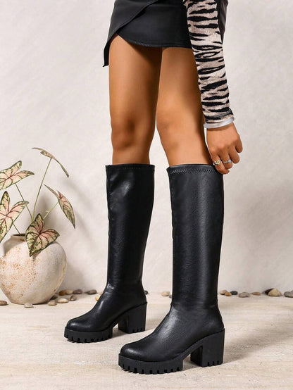 Women's Fashionable & Comfortable Chunky Heel High Knee Riding Boots With Inner Side Zipper, Pointed Toe Matching GO WITH Jeans Jeans Mensa