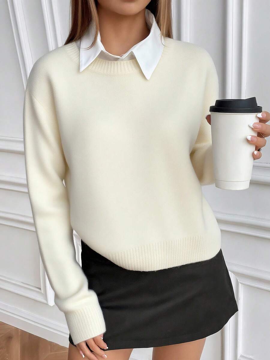 Women's Crew Neck Ribbed Knit Sweater, Fitted Pullover for Fall Winter - Pink