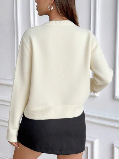 Women's Crew Neck Ribbed Knit Sweater, Fitted Pullover for Fall Winter - Beige