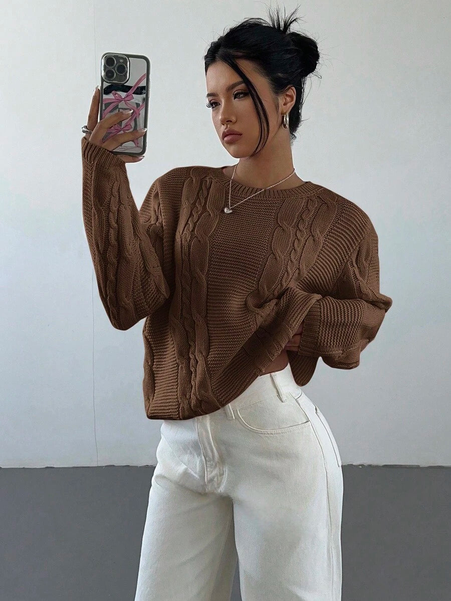 Noemi Relaxed Crew Neck Cable Knit Sweater with Drop Shoulders - Coffee Brown