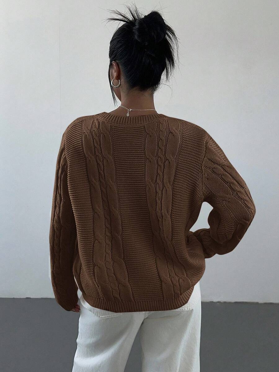Noemi Relaxed Crew Neck Cable Knit Sweater with Drop Shoulders - Coffee Brown