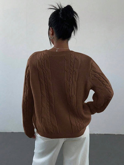 Noemi Relaxed Crew Neck Cable Knit Sweater with Drop Shoulders - Coffee Brown