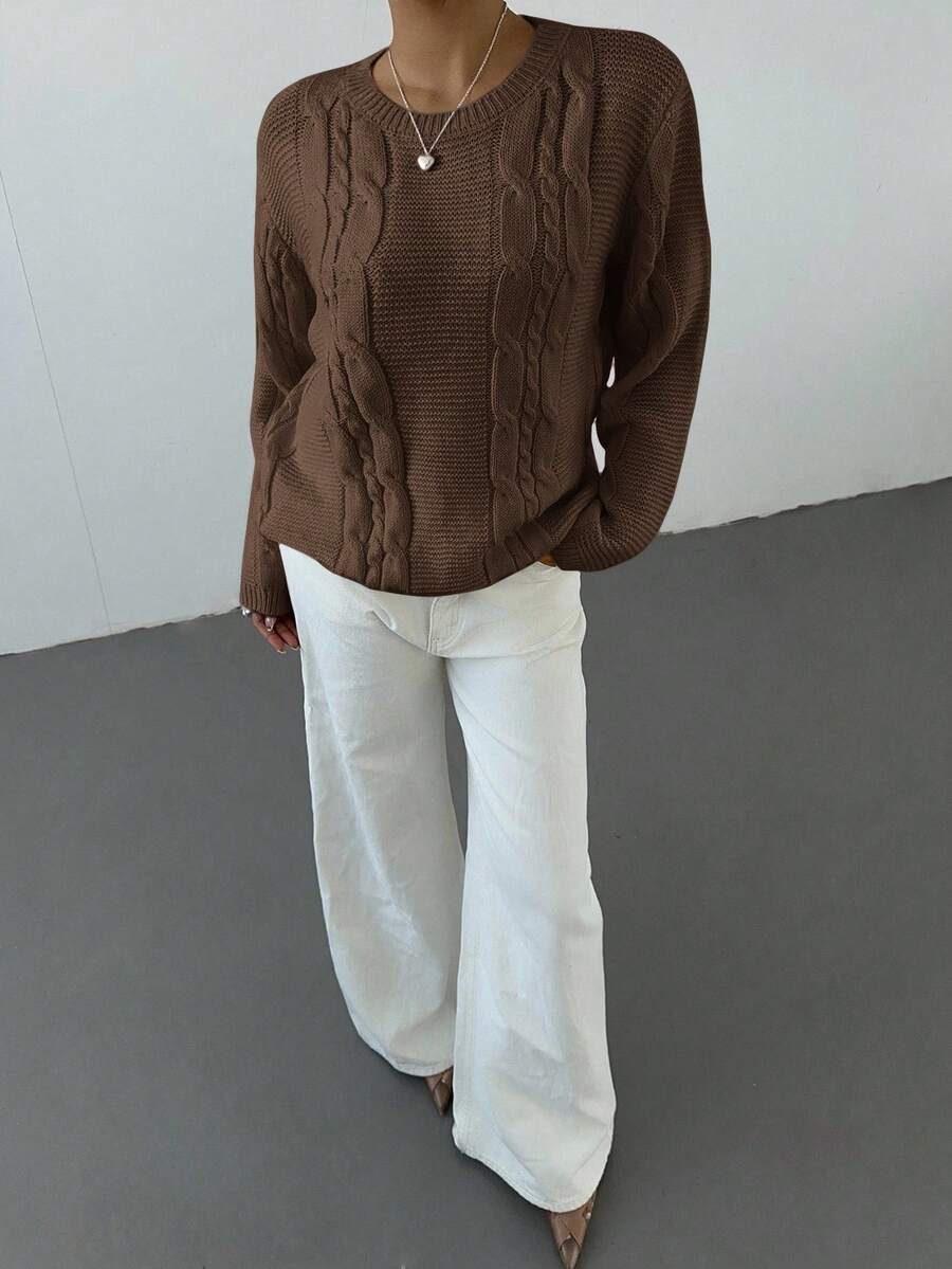 Noemi Relaxed Crew Neck Cable Knit Sweater with Drop Shoulders - Coffee Brown