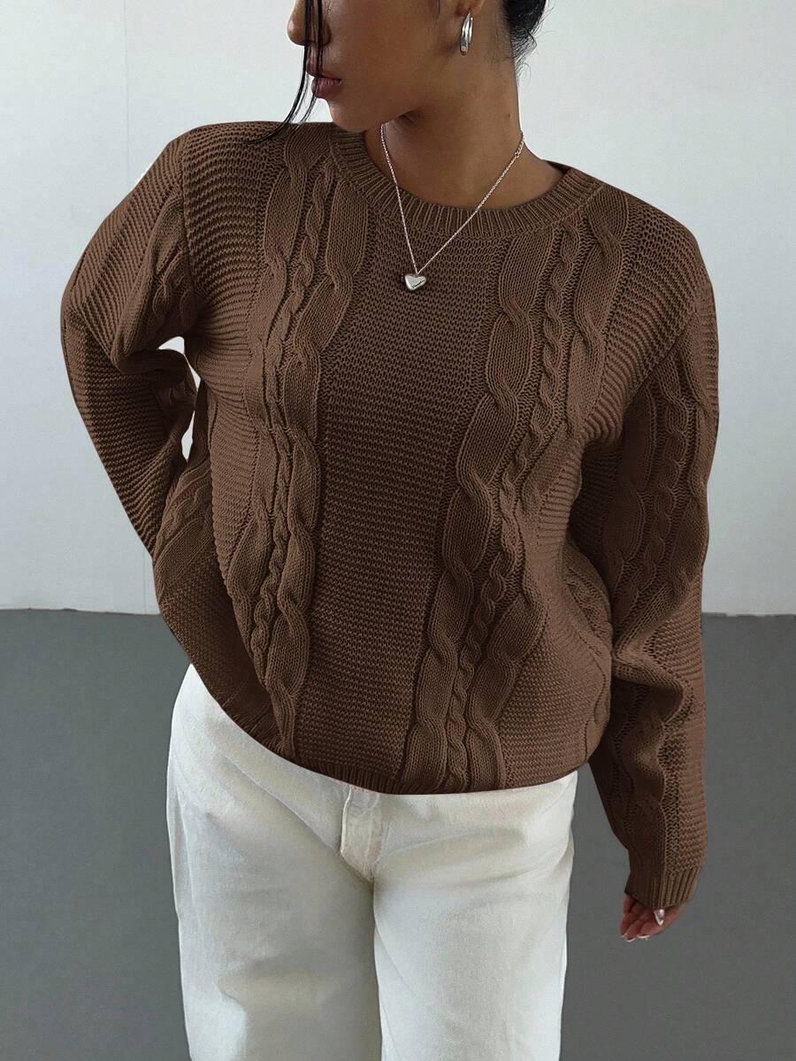 Noemi Relaxed Crew Neck Cable Knit Sweater with Drop Shoulders - Coffee Brown