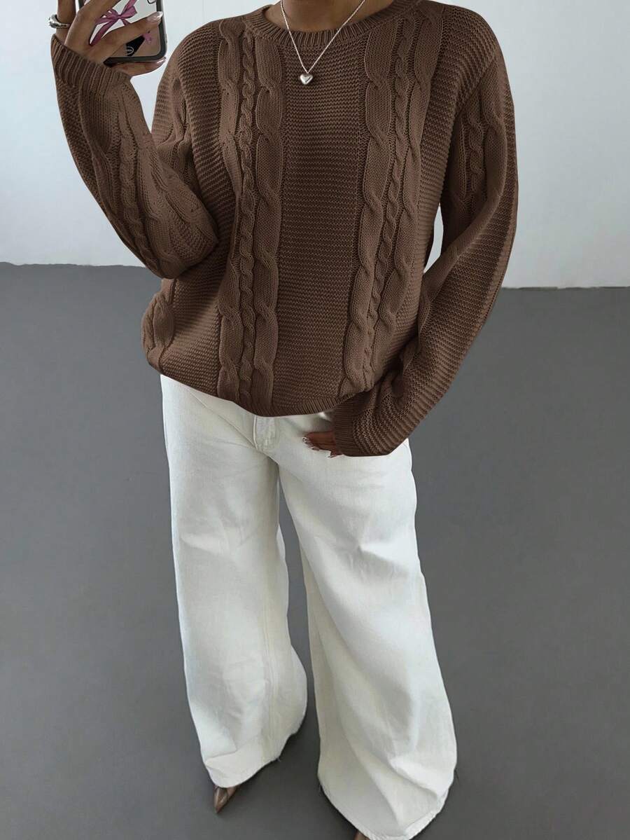 Noemi Relaxed Crew Neck Cable Knit Sweater with Drop Shoulders - Coffee Brown