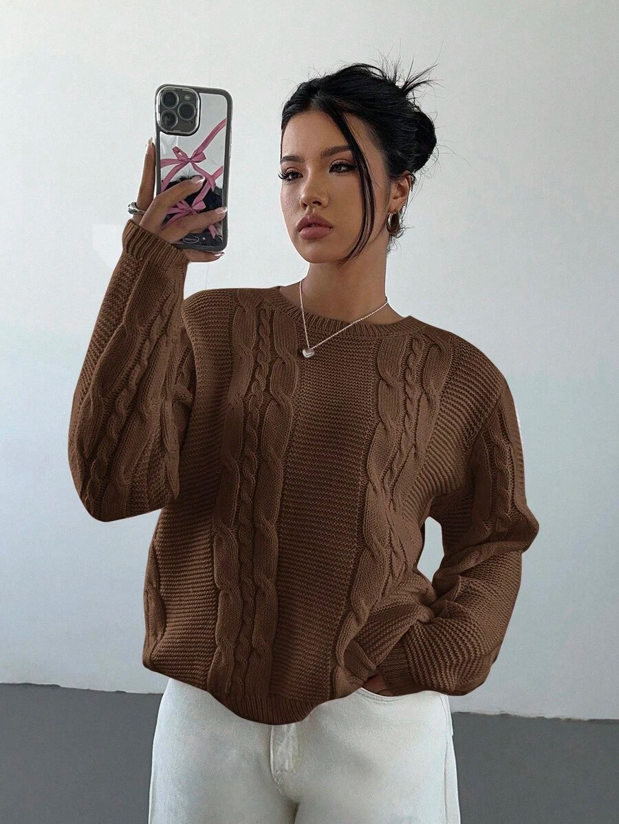 Noemi Relaxed Crew Neck Cable Knit Sweater with Drop Shoulders - Coffee Brown