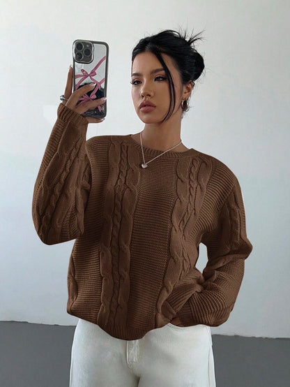 Noemi Relaxed Crew Neck Cable Knit Sweater with Drop Shoulders - Coffee Brown