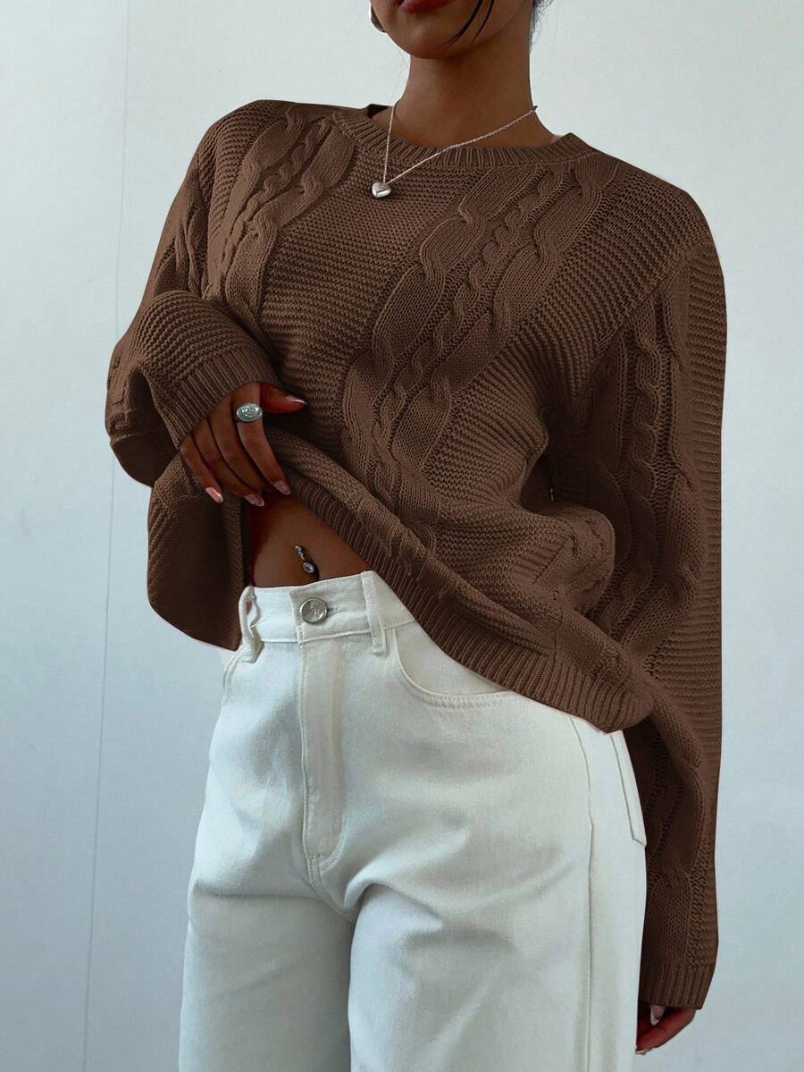 Noemi Relaxed Crew Neck Cable Knit Sweater with Drop Shoulders - Coffee Brown