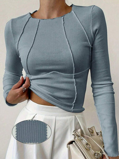 Evelina Seam Detail Ribbed Slim Fit Long Sleeve Knit Top - Dusty Blue
