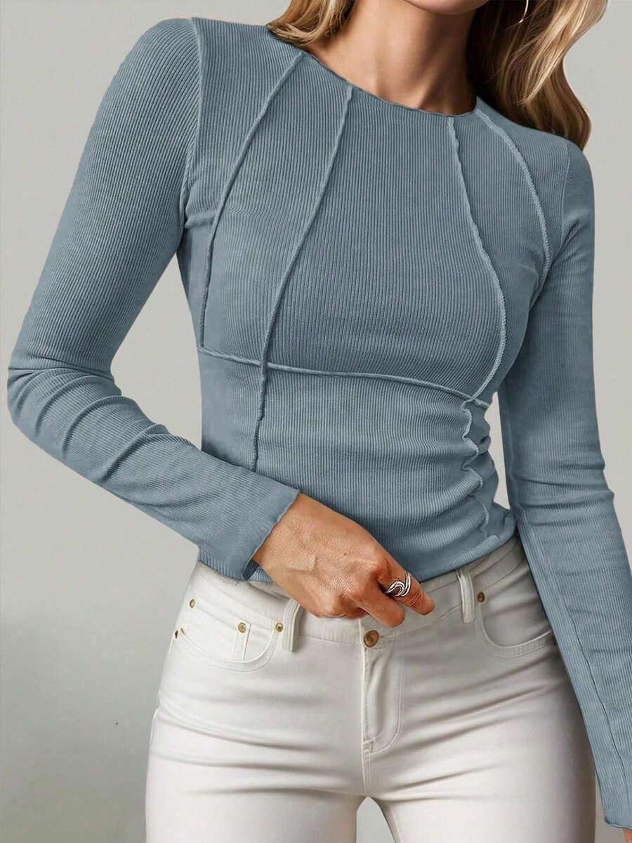 Evelina Seam Detail Ribbed Slim Fit Long Sleeve Knit Top - Dusty Blue