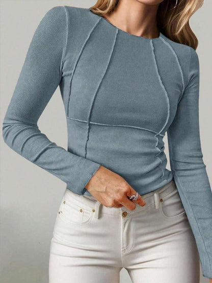 Evelina Seam Detail Ribbed Slim Fit Long Sleeve Knit Top - Dusty Blue