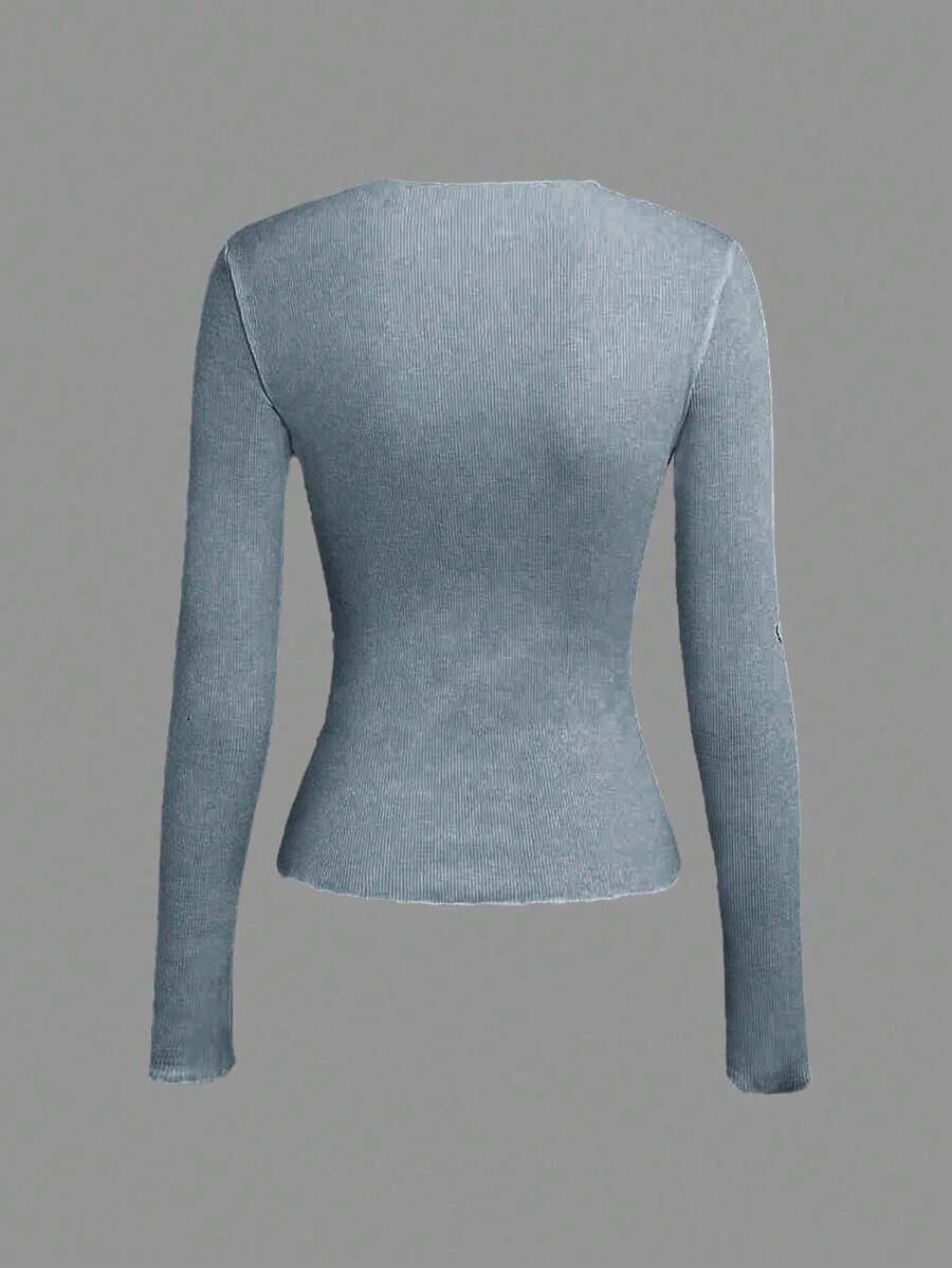 Evelina Seam Detail Ribbed Slim Fit Long Sleeve Knit Top - Dusty Blue