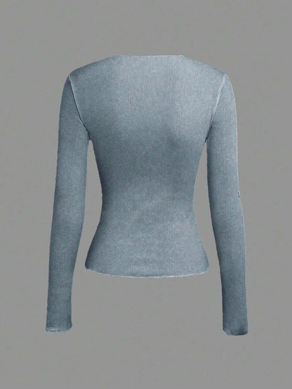 Evelina Seam Detail Ribbed Slim Fit Long Sleeve Knit Top - Dusty Blue