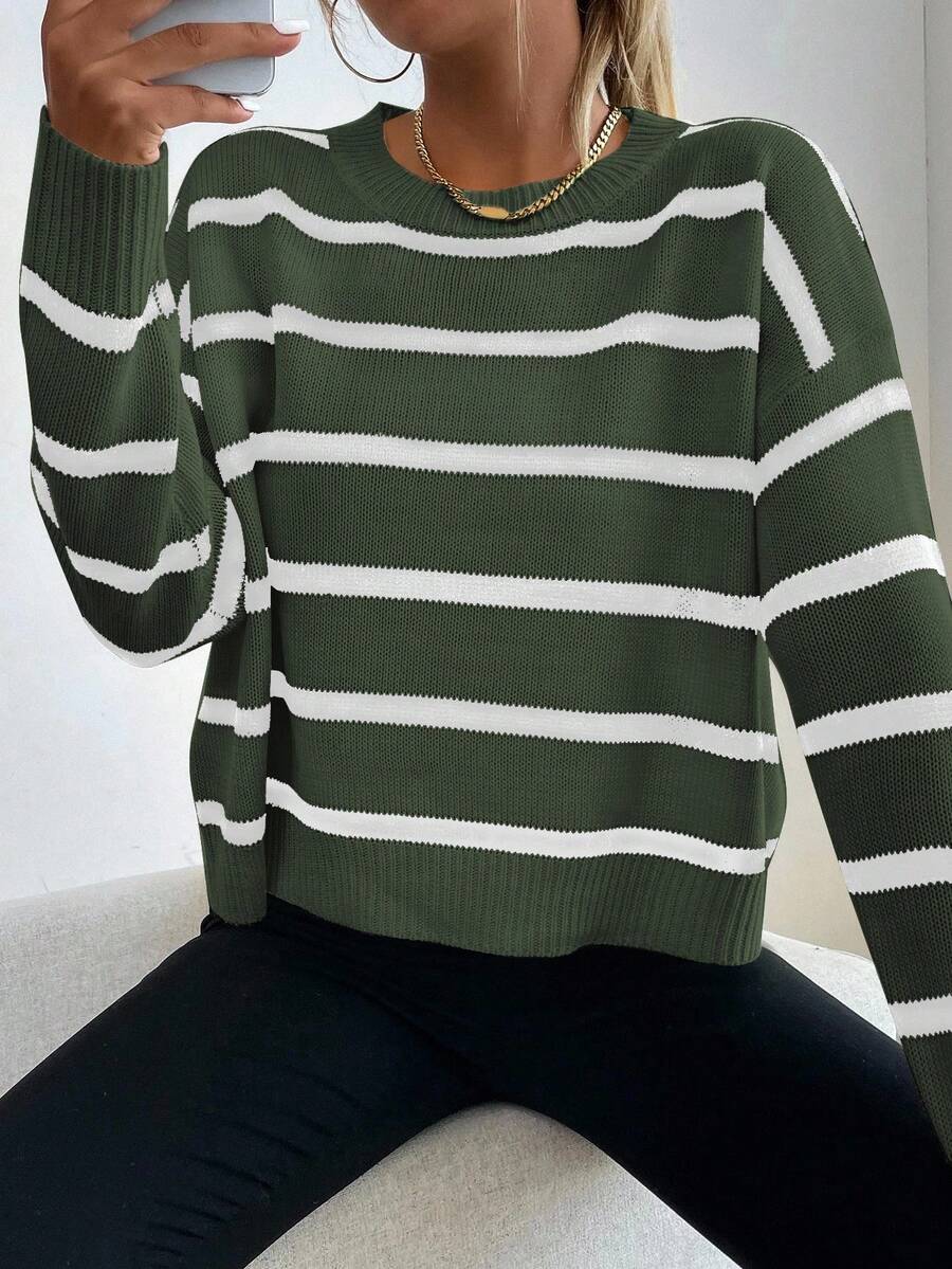 Audrey Striped Drop Shoulder Pullover Sweater - Olive Green