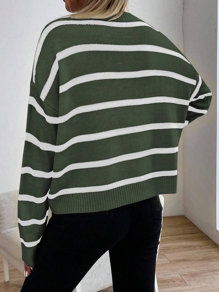 Audrey Striped Drop Shoulder Pullover Sweater - White