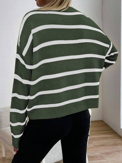 Audrey Striped Drop Shoulder Pullover Sweater - White