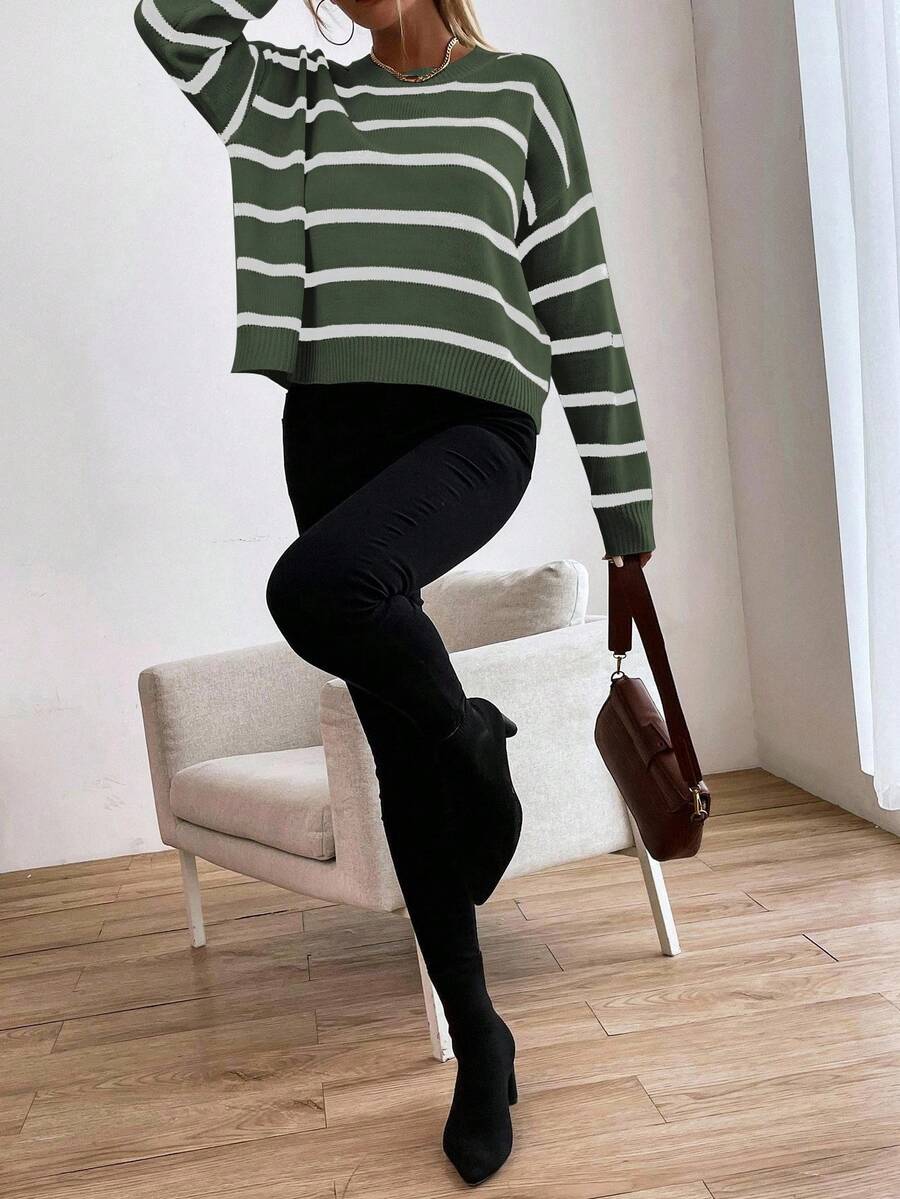 Audrey Striped Drop Shoulder Pullover Sweater - Grey
