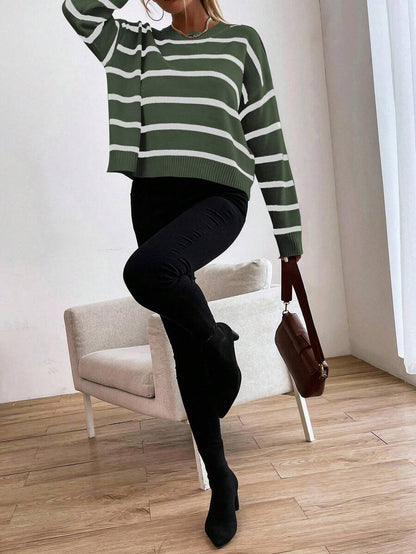 Audrey Striped Drop Shoulder Pullover Sweater - Grey