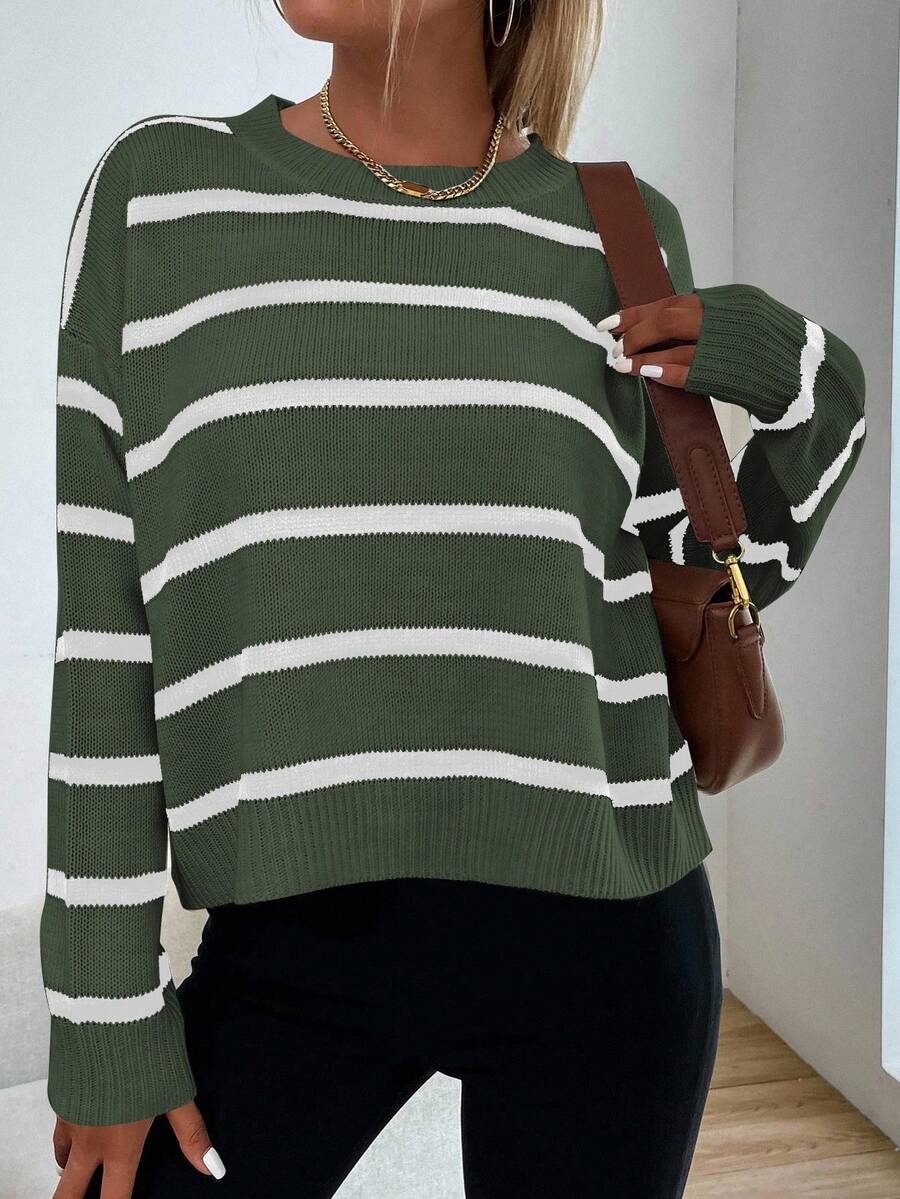 Audrey Striped Drop Shoulder Pullover Sweater - Khaki