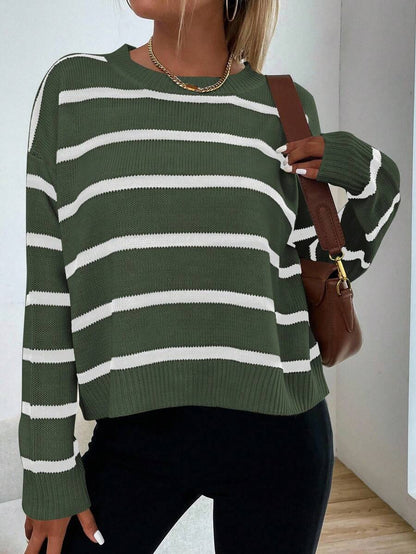 Audrey Striped Drop Shoulder Pullover Sweater - Khaki