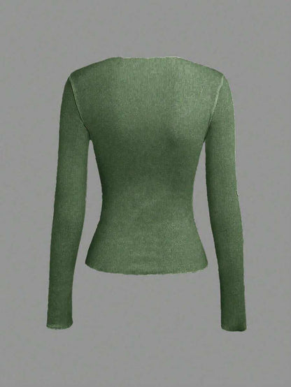 Evelina Seam Detail Ribbed Slim Fit Long Sleeve Knit Top - Army Green