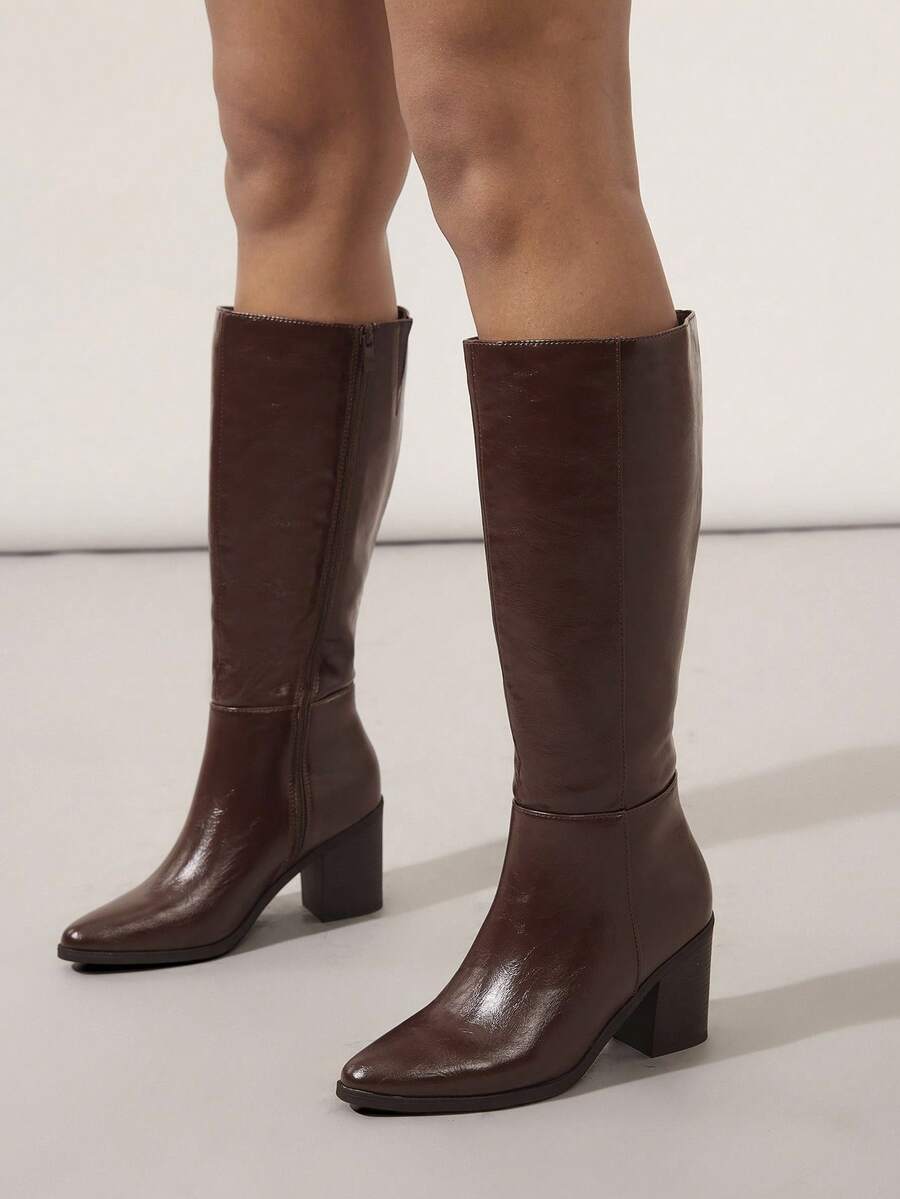 SHUZIA Staple Women's 2.5" Block Heel Snip Toe Premium Oil-Finished PU Black Knee High Boots– Sleek, Comfortable & Timeless, Elevate Your Look Season After Season For Christmas Valentine's Day Mensa