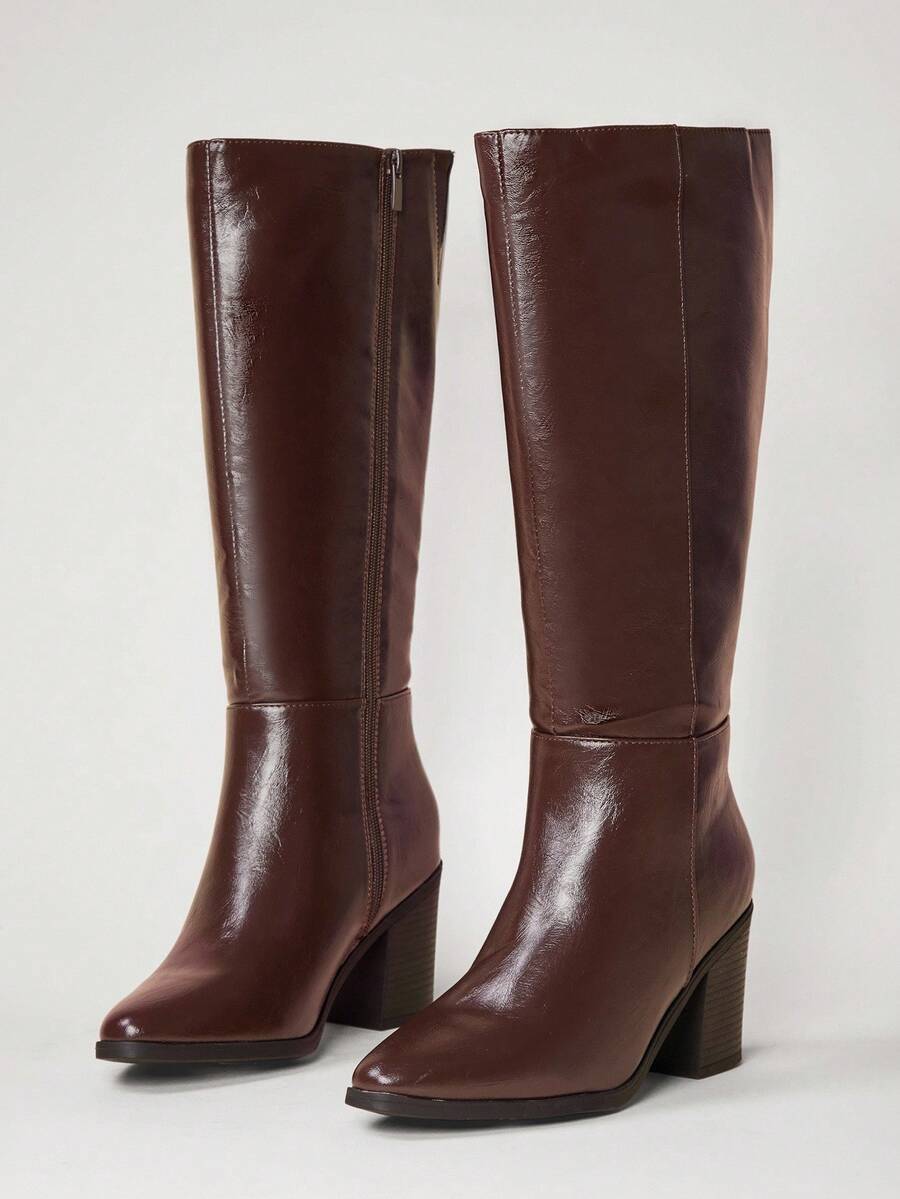 SHUZIA Staple Women's 2.5" Block Heel Snip Toe Premium Oil-Finished PU Black Knee High Boots– Sleek, Comfortable & Timeless, Elevate Your Look Season After Season For Christmas Valentine's Day Mensa