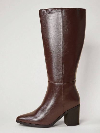 SHUZIA Staple Women's 2.5" Block Heel Snip Toe Premium Oil-Finished PU Black Knee High Boots– Sleek, Comfortable & Timeless, Elevate Your Look Season After Season For Christmas Valentine's Day Mensa