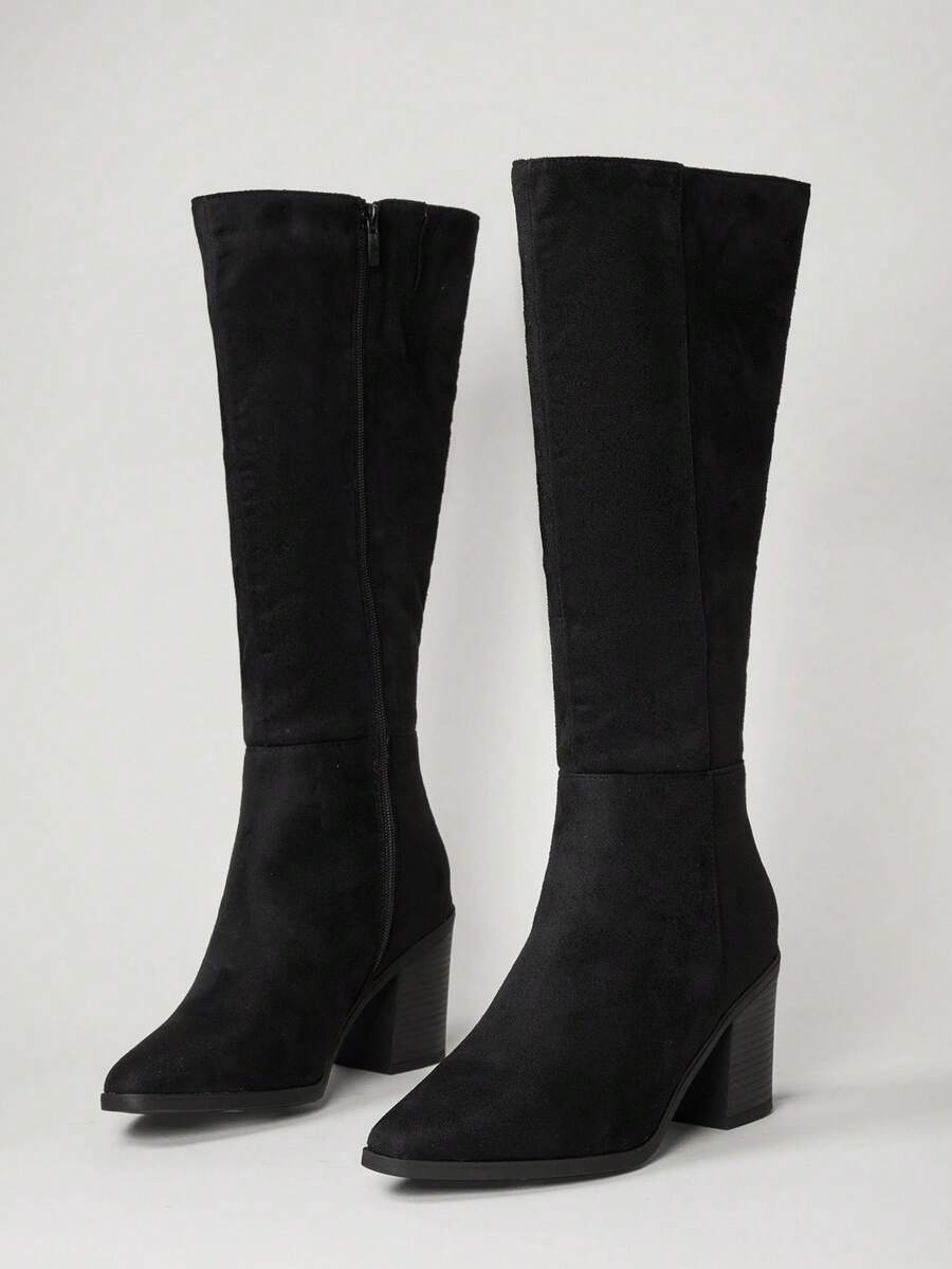 SHUZIA Staple Women's 2.5" Block Heel Snip Toe Premium Oil-Finished PU Black Knee High Boots– Sleek, Comfortable & Timeless, Elevate Your Look Season After Season For Christmas Valentine's Day Mensa