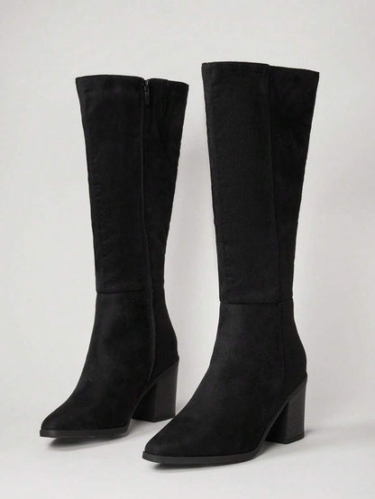 SHUZIA Staple Women's 2.5" Block Heel Snip Toe Premium Oil-Finished PU Black Knee High Boots– Sleek, Comfortable & Timeless, Elevate Your Look Season After Season For Christmas Valentine's Day Mensa