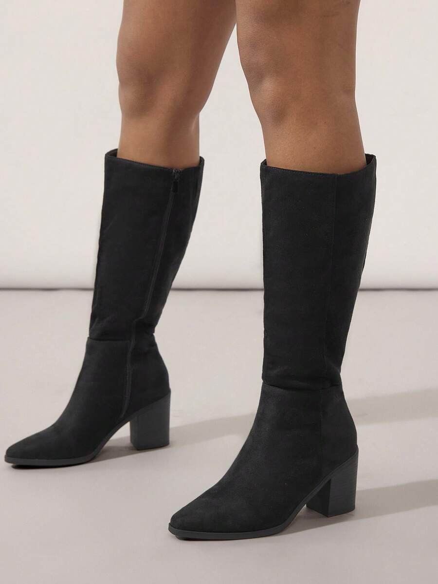 SHUZIA Staple Women's 2.5" Block Heel Snip Toe Premium Oil-Finished PU Black Knee High Boots– Sleek, Comfortable & Timeless, Elevate Your Look Season After Season For Christmas Valentine's Day Mensa