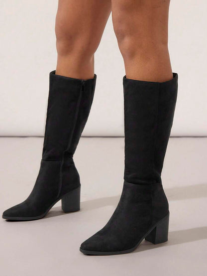 SHUZIA Staple Women's 2.5" Block Heel Snip Toe Premium Oil-Finished PU Black Knee High Boots– Sleek, Comfortable & Timeless, Elevate Your Look Season After Season For Christmas Valentine's Day Mensa