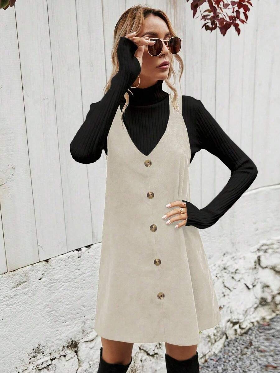 Ottilie Corduroy Button Front Pinafore Mini Dress - Cream