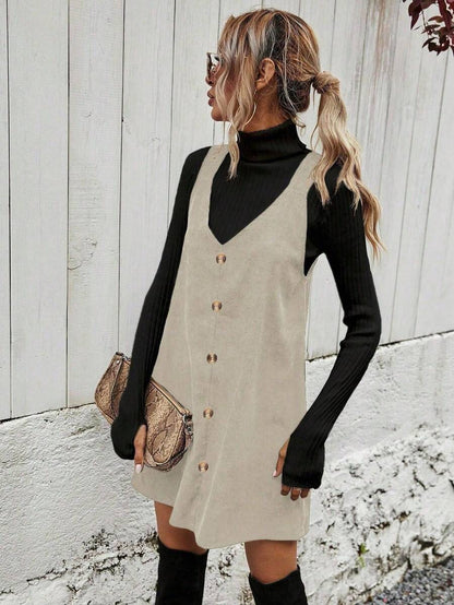 Ottilie Corduroy Button Front Pinafore Mini Dress - Cream