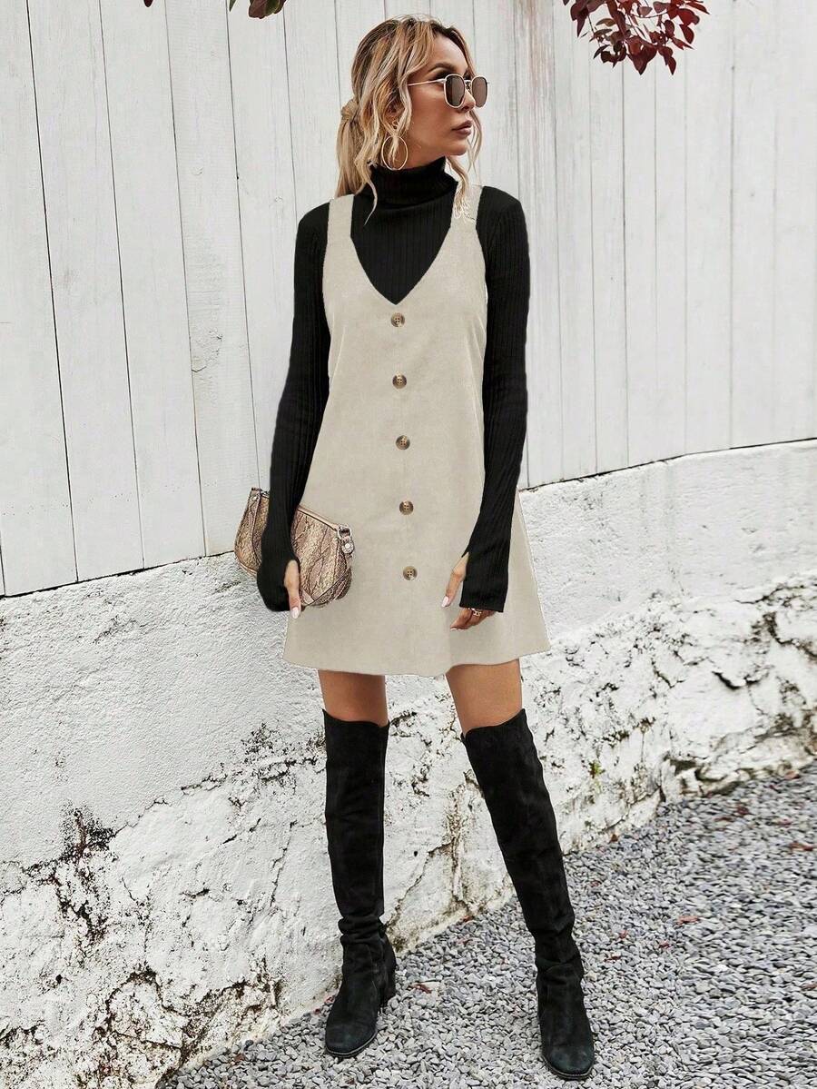 Ottilie Corduroy Button Front Pinafore Mini Dress - Cream