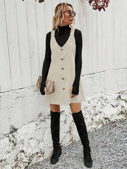 Ottilie Corduroy Button Front Pinafore Mini Dress - Cream