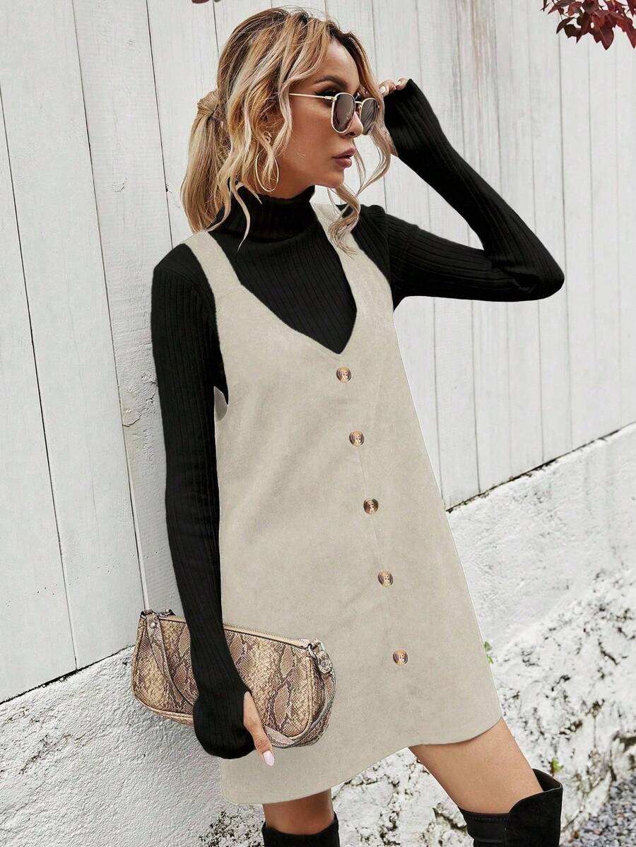 Ottilie Corduroy Button Front Pinafore Mini Dress - Cream