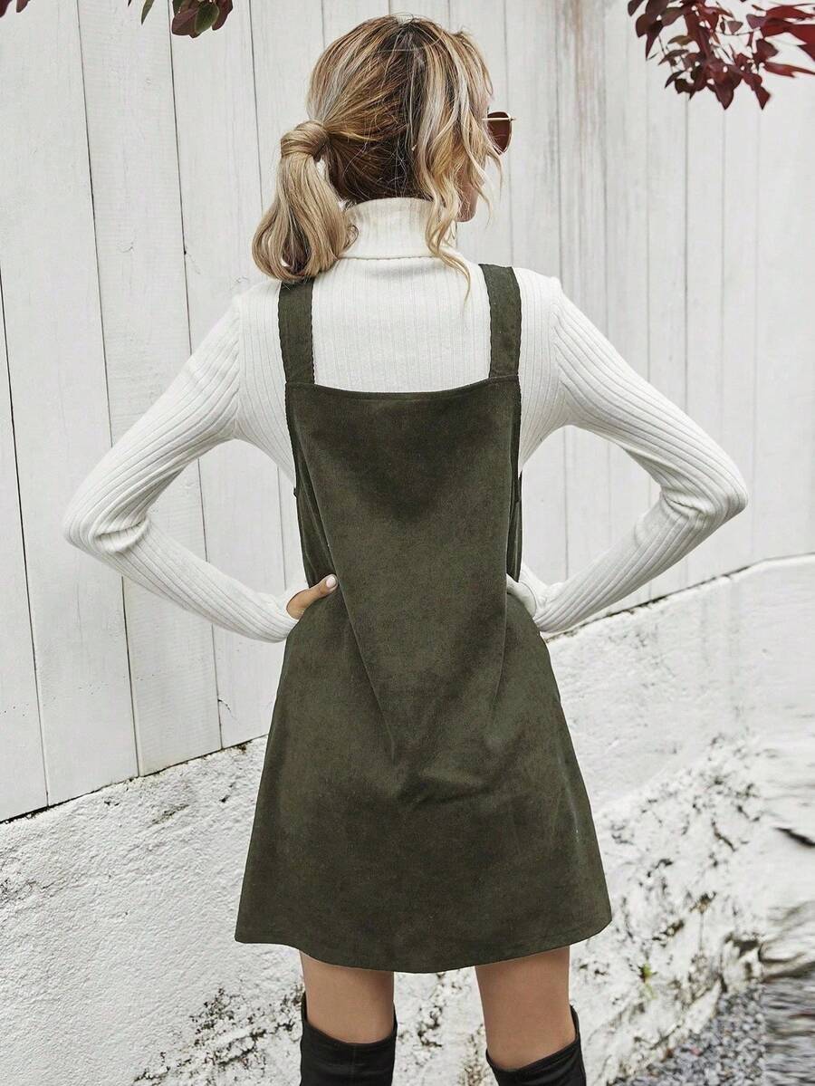 Ottilie Corduroy Button Front Pinafore Mini Dress - Army Green