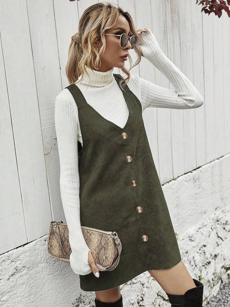 Ottilie Corduroy Button Front Pinafore Mini Dress - Army Green