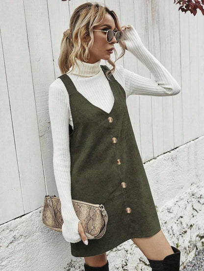 Ottilie Corduroy Button Front Pinafore Mini Dress - Army Green