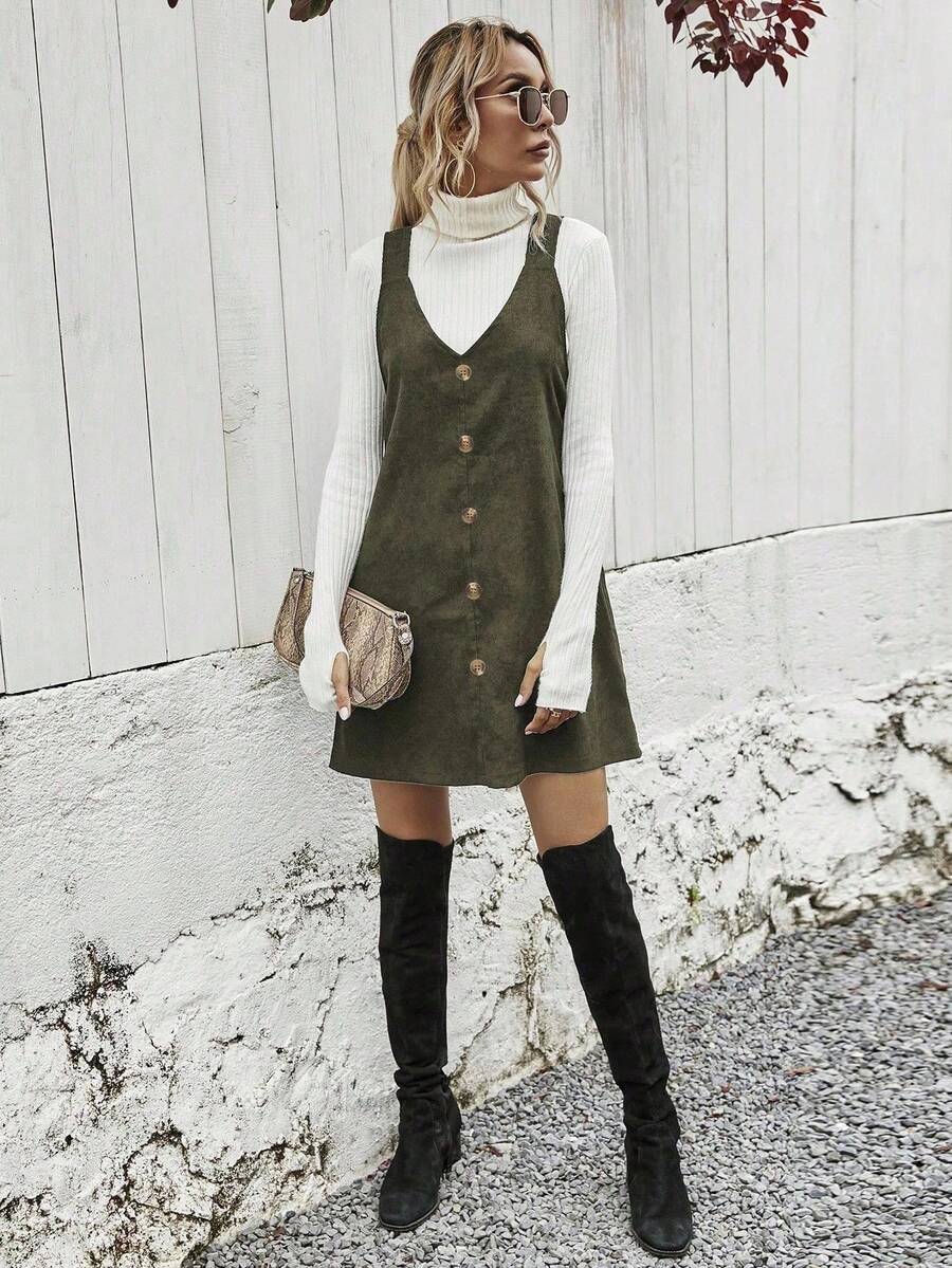 Ottilie Corduroy Button Front Pinafore Mini Dress - Army Green
