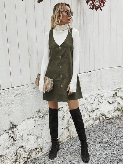Ottilie Corduroy Button Front Pinafore Mini Dress - Army Green