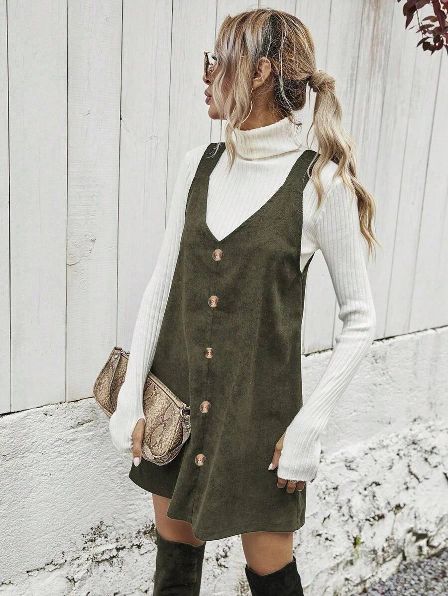 Ottilie Corduroy Button Front Pinafore Mini Dress - Army Green