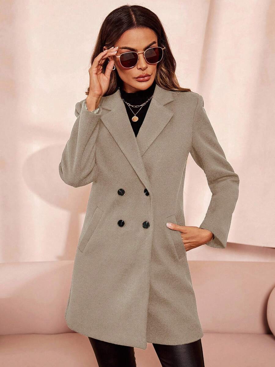 Aveline Double-Breasted Lapel Coat with Tailored Thigh-Length Cut - Navy Blue